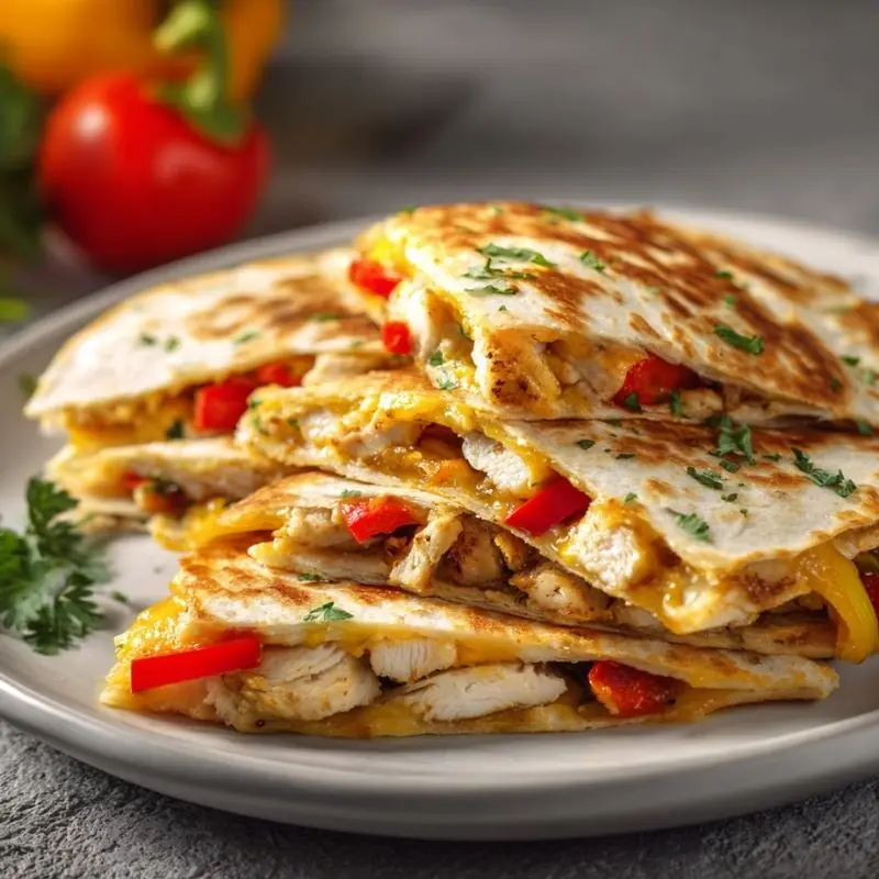 Stacked Chicken Quesadilla with Melted Cheese and Peppers stacked chicken quesadilla with melted cheese and red bell peppers on crispy tortillas