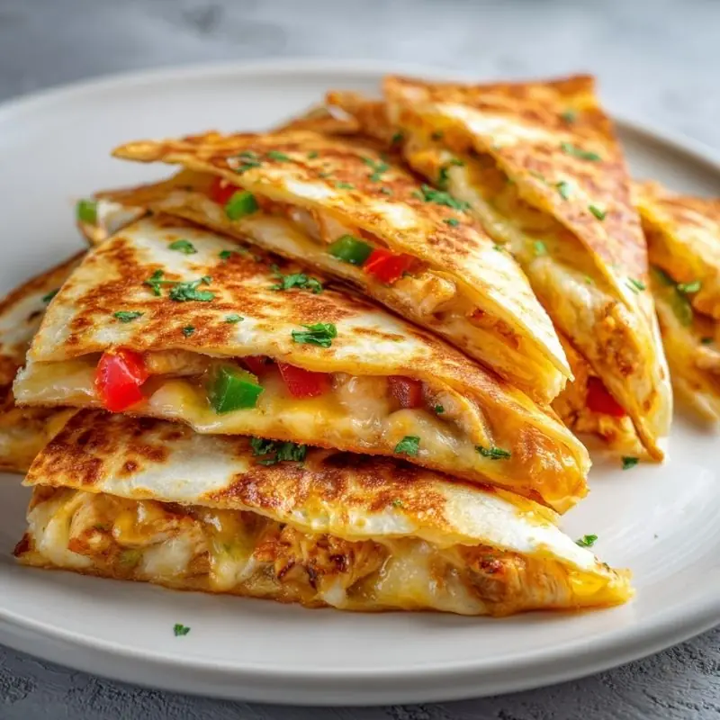 Crispy Chicken Quesadilla Triangles with Melted Cheese crispy chicken quesadilla triangles with melted cheese and bell peppers on toasted tortillas