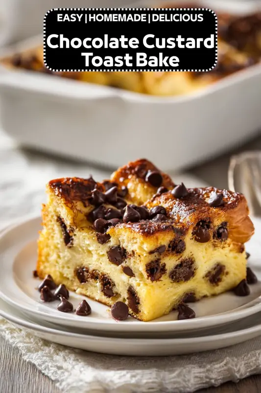 chocolate custard toast bake with soft bread, melted chocolate chips, and golden baked top