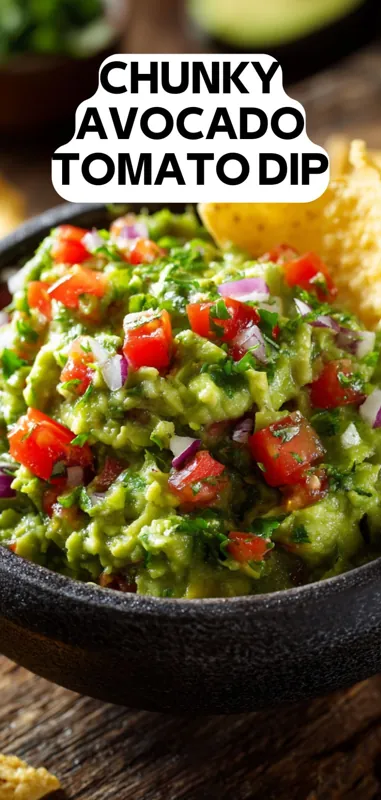 chunky avocado tomato dip with red onion cilantro and tortilla chips