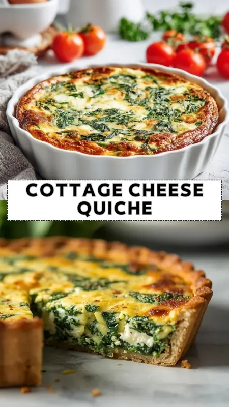 Cottage Cheese Quiche – Healthy, High-Protein Savory Pie cottage cheese quiche with spinach and golden crust sliced on a plate
