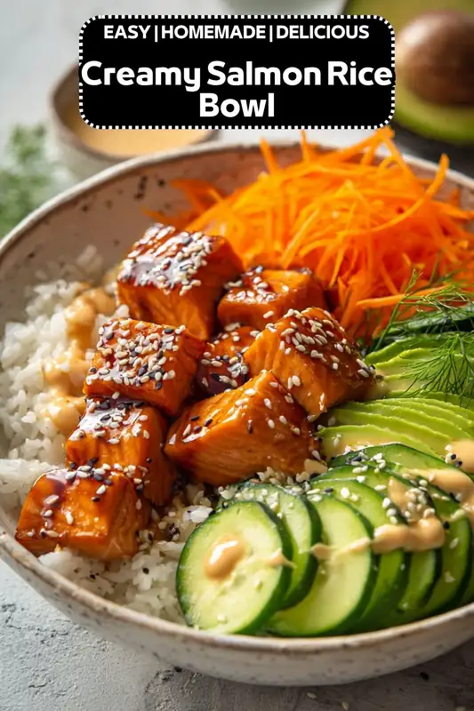 Creamy Salmon Rice Bowl – Easy Healthy Dinner Idea creamy salmon rice bowl with glazed salmon cubes, avocado, cucumber, shredded carrots, sesame seeds and rice
