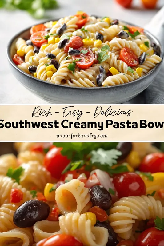Southwest Creamy Pasta Bowl – Easy Flavor-Packed Recipe Southwest creamy pasta bowl with rotini, cherry tomatoes, black beans, corn, and fresh herbs in a ceramic bowl