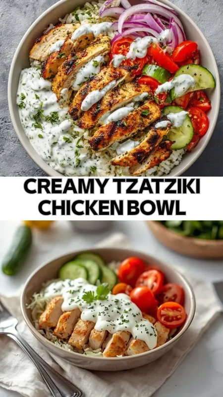 Creamy Tzatziki Chicken Bowl – Fresh & Healthy Mediterranean Recipe grilled chicken tzatziki bowl with rice cucumber tomato red onion and creamy yogurt sauce