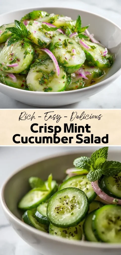 Crisp Mint Cucumber Salad – Fresh, Light & Refreshing crisp mint cucumber salad with red onion herbs and light dressing in white bowl