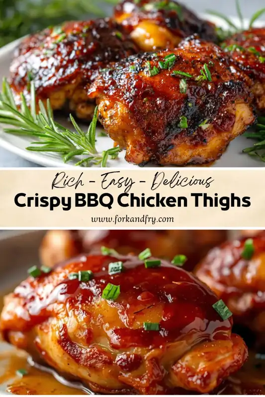 Crispy BBQ Chicken Thighs – Easy, Juicy & Flavor-Packed crispy bbq chicken thighs glazed with sauce and garnished with herbs close up