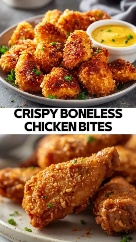 crispy boneless chicken bites with golden breading served with dipping sauce