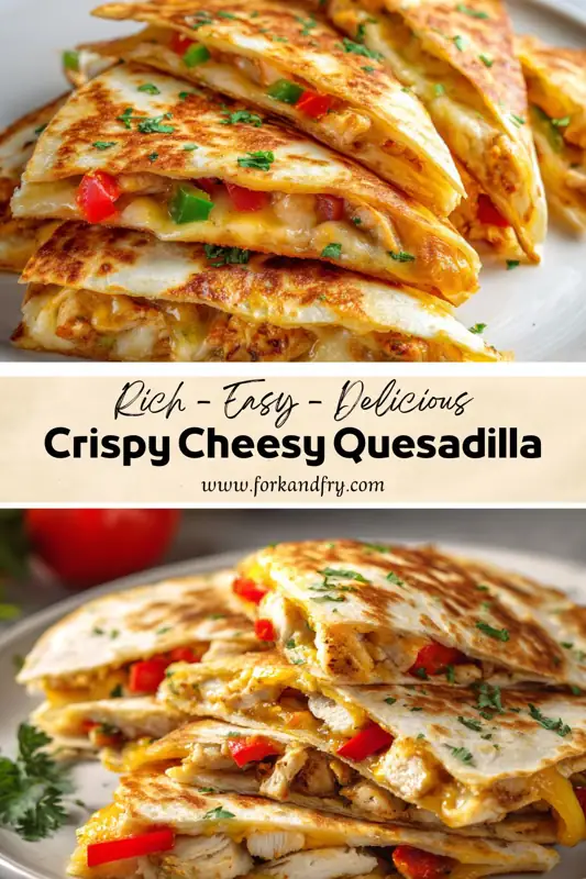 Crispy Cheesy Quesadilla with Chicken and Peppers crispy cheesy chicken quesadilla with melted cheese and bell peppers stacked on plate