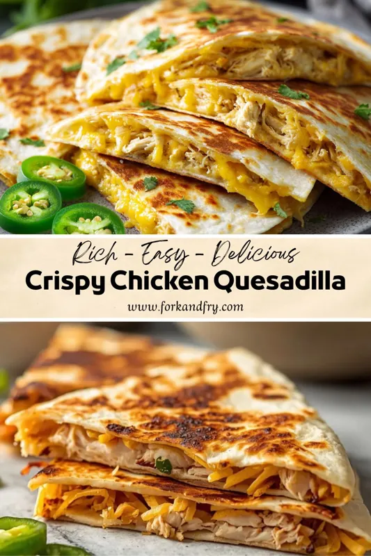 Crispy Chicken Quesadilla – Easy Cheesy Homemade Recipe crispy chicken quesadilla with melted cheddar cheese and jalapeno slices on toasted tortilla