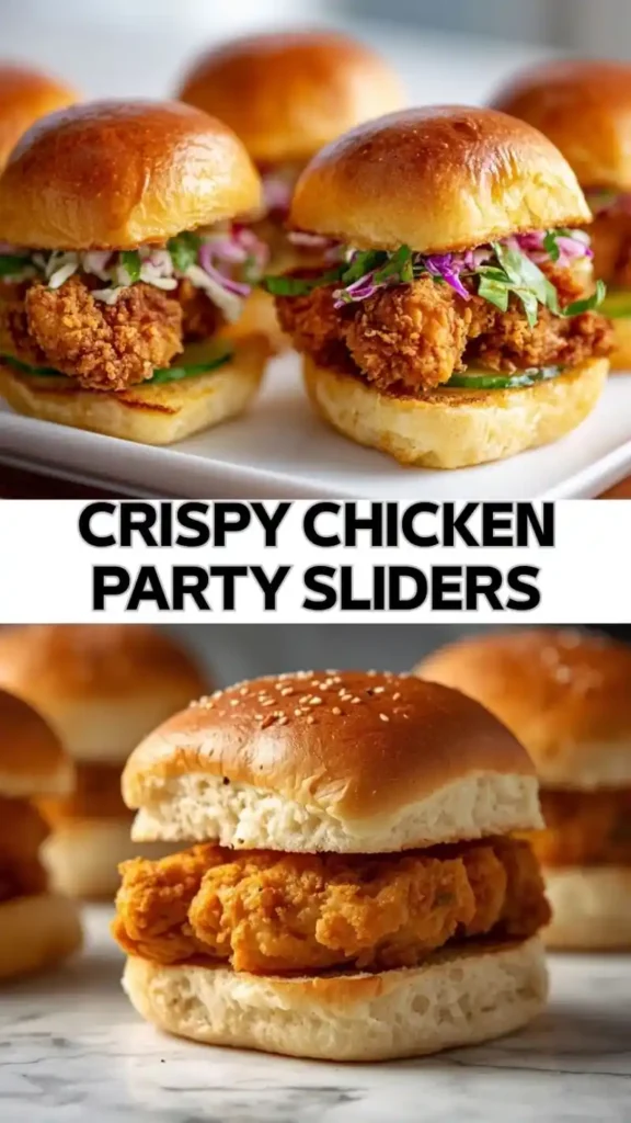 Crispy Chicken Party Sliders – Easy Crowd-Pleasing Appetizer crispy chicken sliders with soft buns, fried chicken, and fresh toppings on white plate