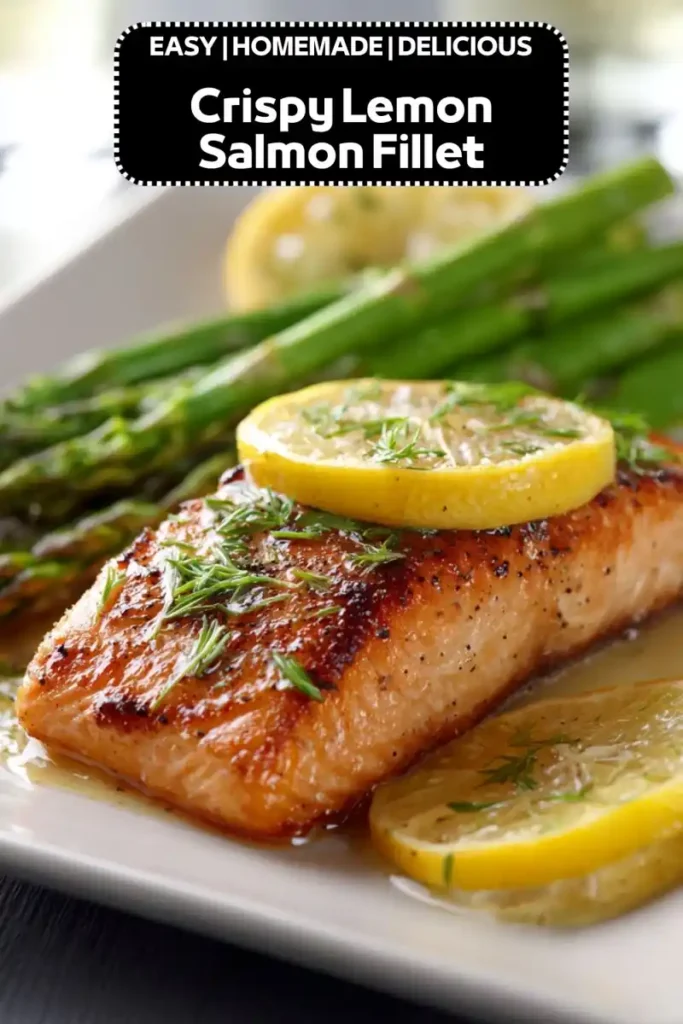 crispy lemon salmon fillet topped with fresh herbs and lemon slices served with roasted asparagus