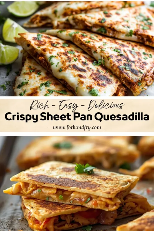 crispy sheet pan quesadilla with melted cheese and seasoned chicken in toasted tortilla slices