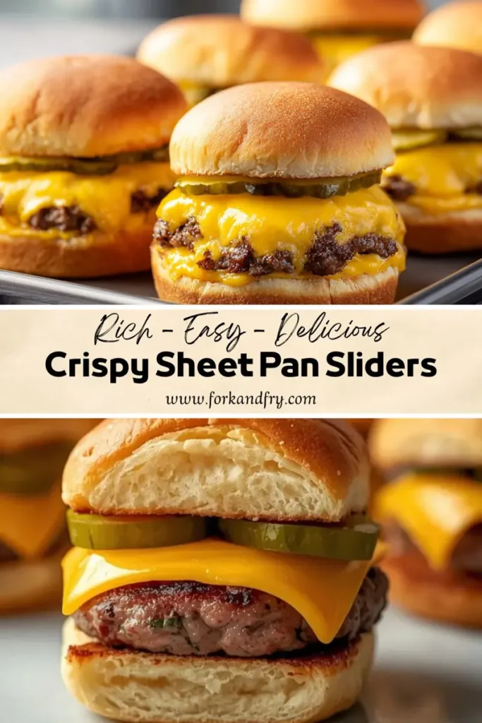 Crispy Sheet Pan Sliders – Easy Baked Cheeseburger Sliders crispy sheet pan beef sliders with melted cheese and pickles on soft buns