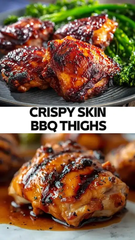Crispy Skin BBQ Chicken Thighs – Juicy, Sticky & Flavorful crispy skin bbq chicken thighs glazed with sauce served with green vegetables on plate