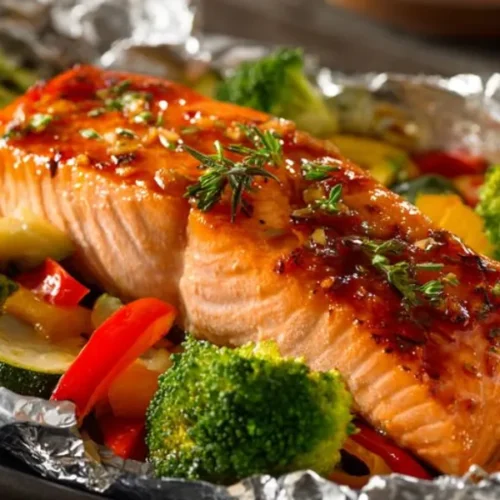 foil baked salmon with broccoli zucchini and bell peppers