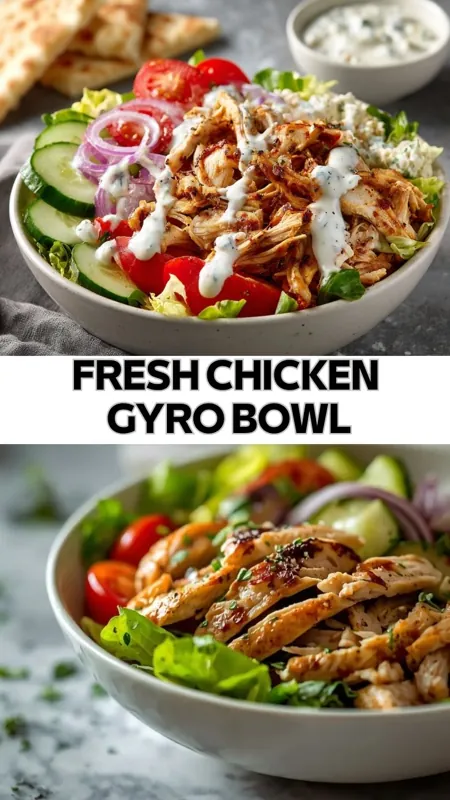 fresh chicken gyro bowl with lettuce cucumber tomato red onion and tzatziki sauce
