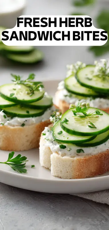 fresh herb sandwich bites with cucumber slices and creamy spread on bread
