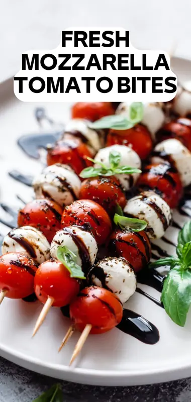 fresh mozzarella tomato bites with basil and balsamic glaze on skewers