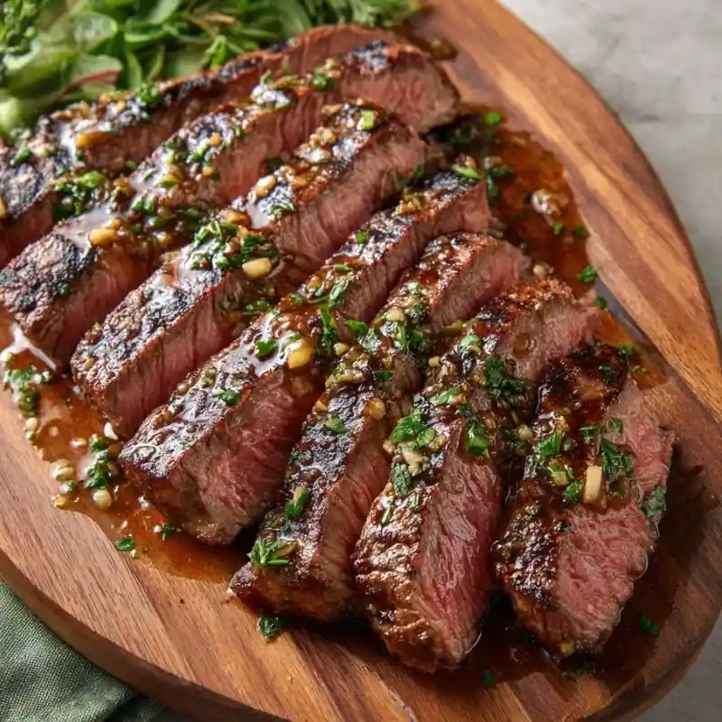 sliced steak with garlic butter sauce herbs on wooden board juicy medium cooked beef