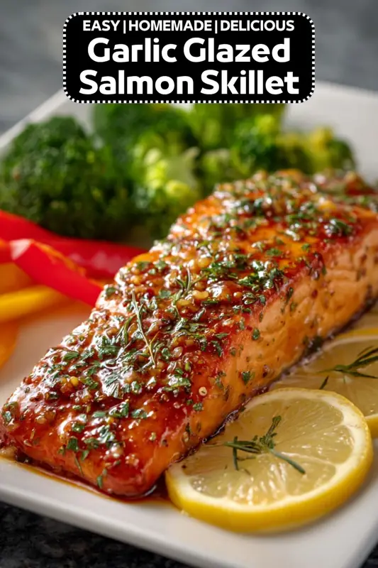 garlic glazed salmon skillet with herbs, lemon slices, and roasted vegetables on a plate