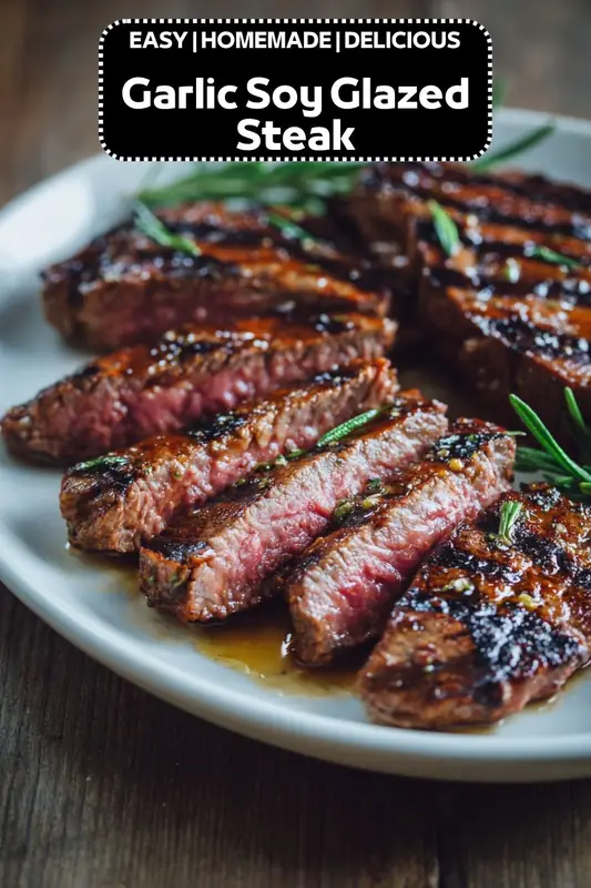 Garlic Soy Glazed Steak – Juicy, Flavor-Packed Steak Recipe garlic soy glazed steak sliced medium rare with herbs and glossy sauce on plate