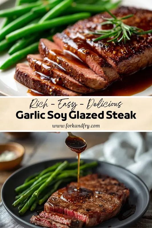 Garlic Soy Glazed Steak – Juicy & Flavorful Dinner Recipe garlic soy glazed steak sliced with sauce and green beans on plate