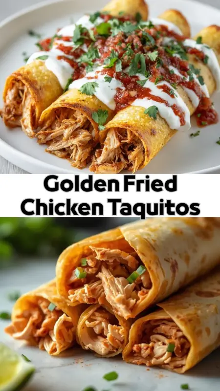 Golden fried chicken taquitos topped with sour cream, salsa, and fresh cilantro on a white plate