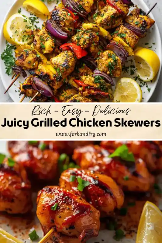 grilled chicken skewers with bell peppers red onion lemon wedges and herbs on white plate