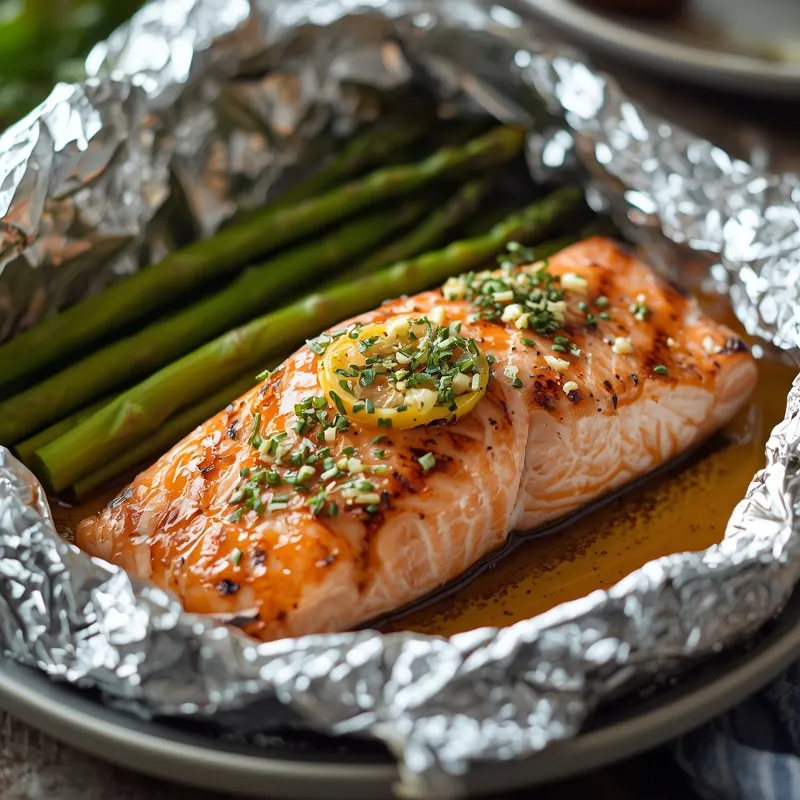 Grilled Salmon in Foil with Garlic Butter and Asparagus Grilled Salmon in Foil with Garlic Butter and Asparagus