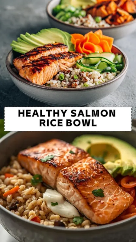 Healthy Salmon Rice Bowl – Fresh & Balanced Meal Idea healthy salmon rice bowl with grilled salmon, avocado, cucumber, carrots, and mixed rice