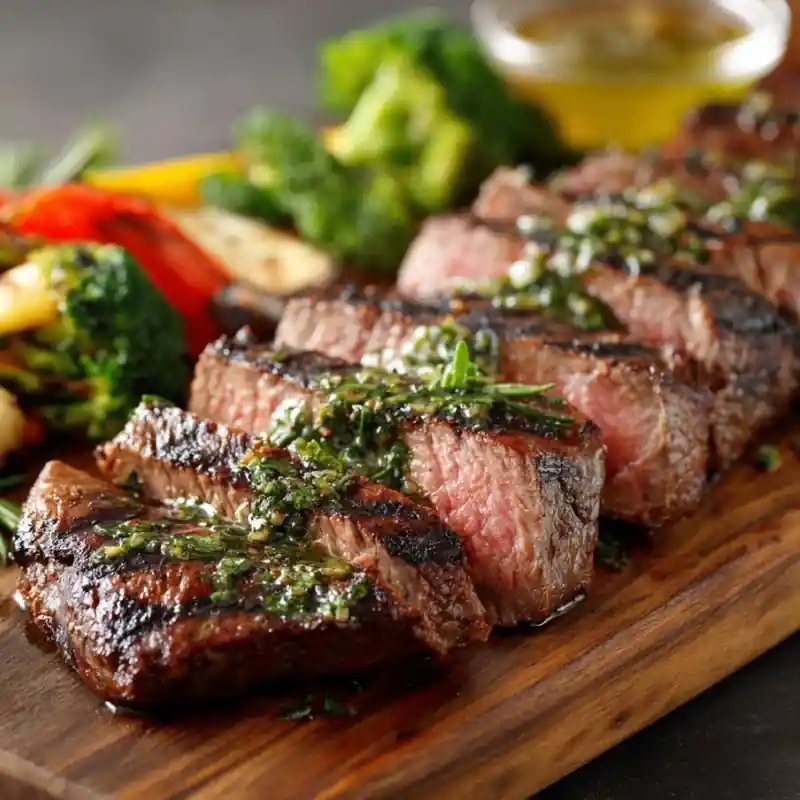 grilled steak slices with herb sauce on wooden board served with broccoli and vegetables