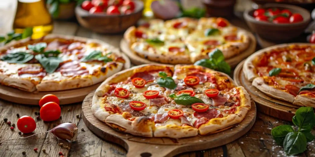 assorted homemade pizza guide with fresh toppings including tomatoes basil cheese and pepperoni