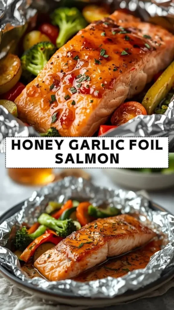 honey garlic foil salmon with vegetables and glossy glaze