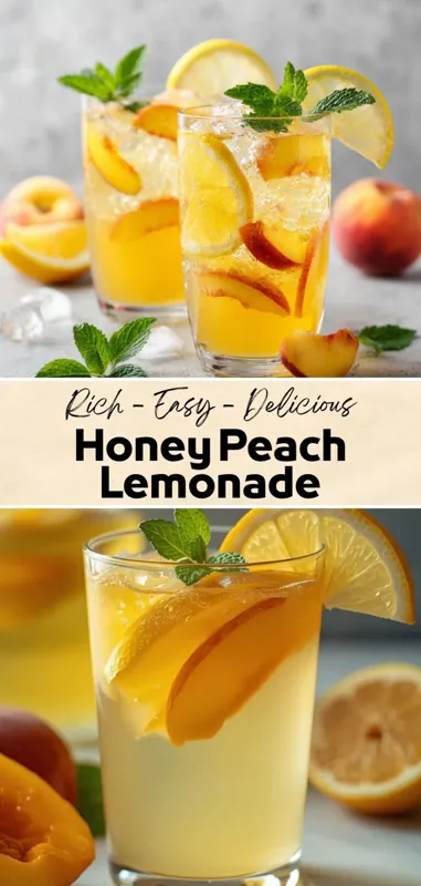 honey peach lemonade with fresh peach slices, lemon wedges, mint, and ice in clear glasses