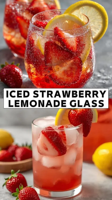 Iced Strawberry Lemonade – Refreshing Summer Drink iced strawberry lemonade with fresh strawberries, lemon slices, and ice in refreshing summer drink