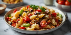 Colorful Layered Mexican Pasta Salad for Party Buffets