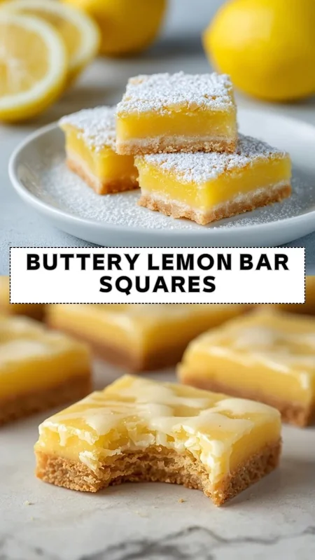buttery lemon bar squares with powdered sugar topping on plate, soft lemon filling and shortbread crust