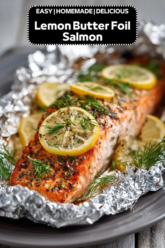 lemon butter foil salmon with fresh dill and lemon slices baked in foil