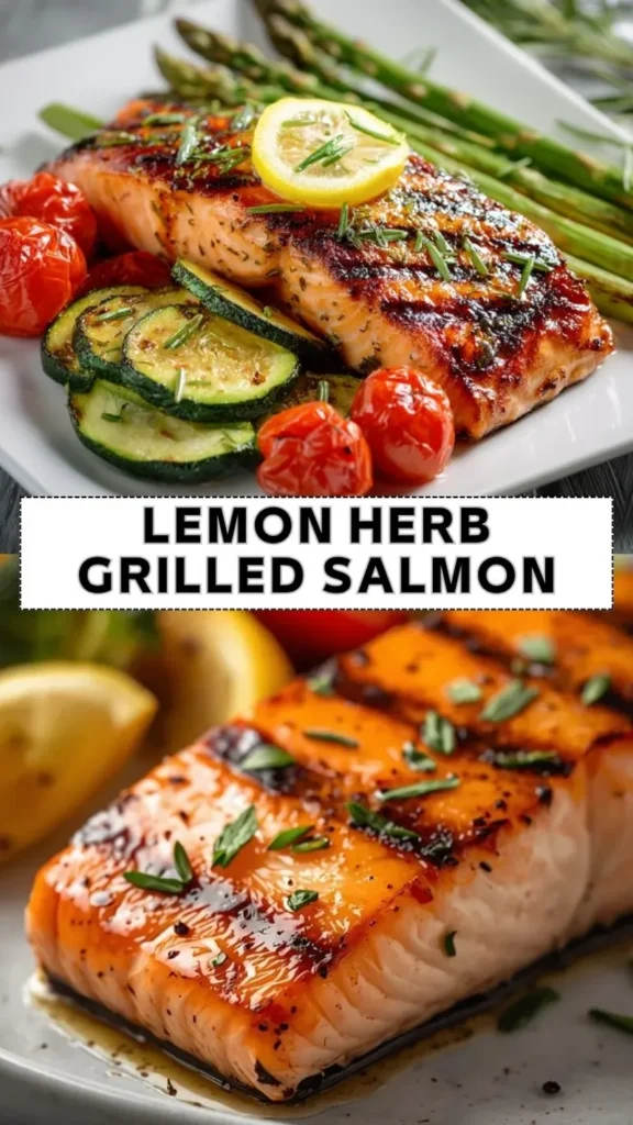 Lemon Herb Grilled Salmon – Healthy & Flavorful Dinner lemon herb grilled salmon with zucchini asparagus and roasted tomatoes