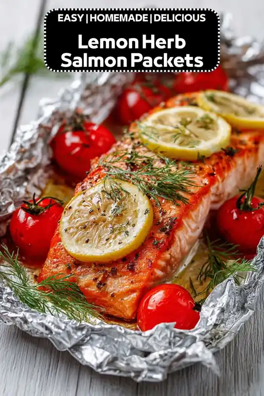 lemon herb salmon packets with fresh dill cherry tomatoes and lemon slices in foil