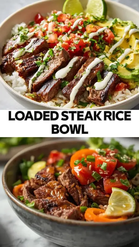 Loaded Steak Rice Bowl – Easy High-Protein Dinner loaded steak rice bowl with sliced grilled steak, avocado, tomato salsa, rice, lime and creamy drizzle