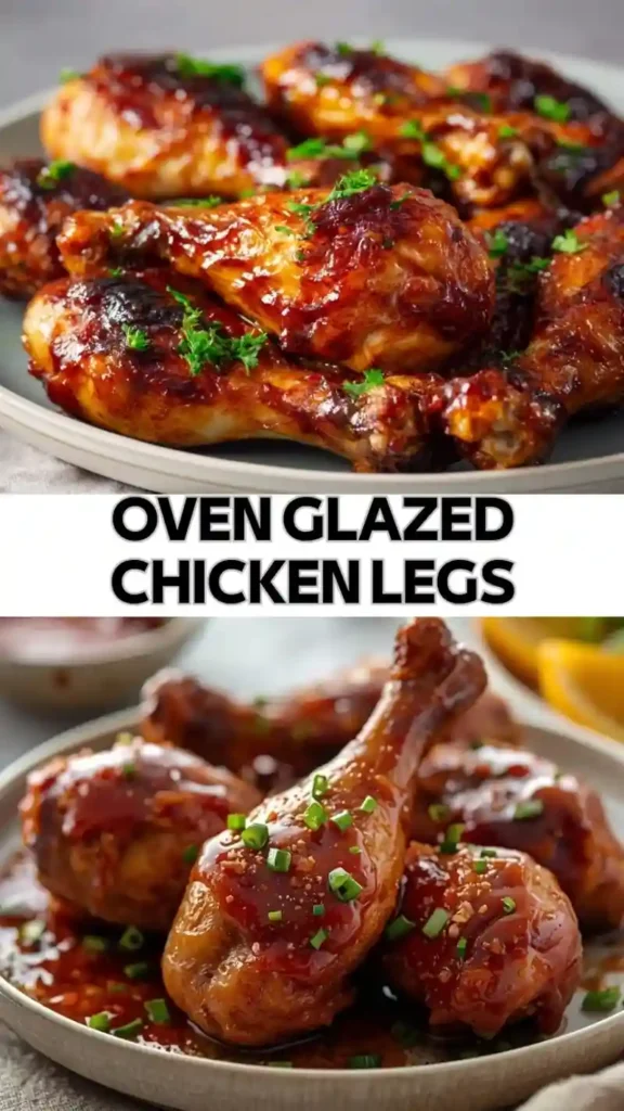 Oven Glazed Chicken Legs – Juicy Sticky Dinner Favorite oven glazed chicken legs coated in sticky sauce with herbs on plate