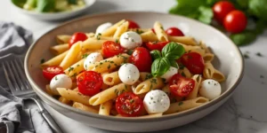 Cold Caprese Pasta Salad with Cherry Tomatoes and Mozzarella