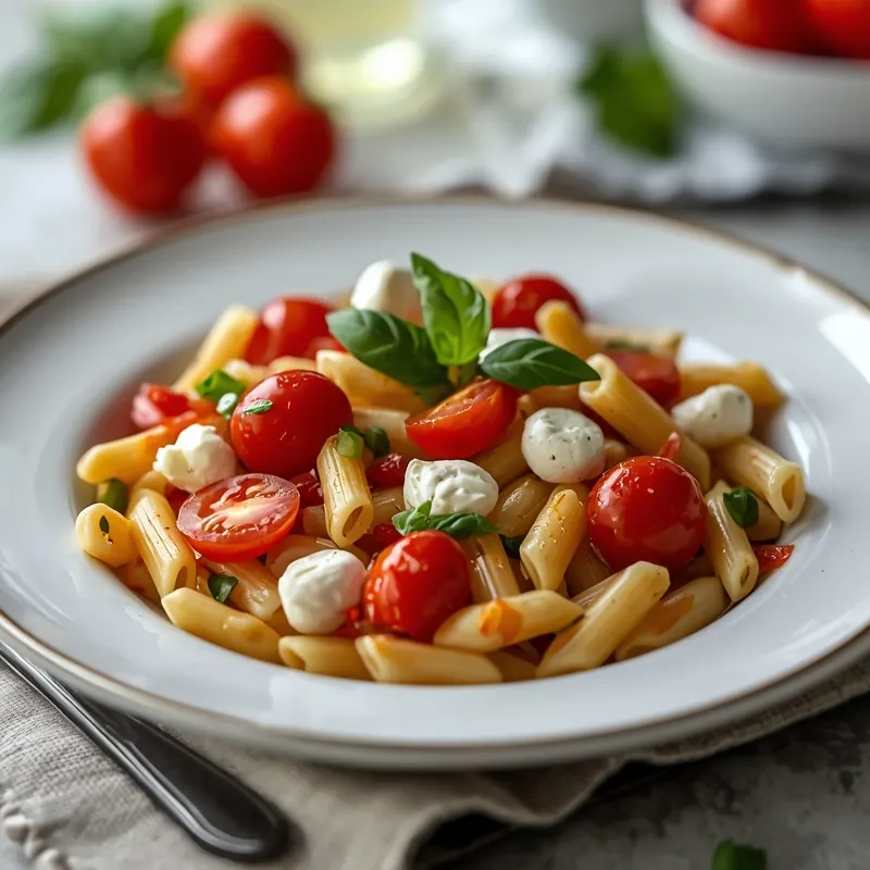 Cold Caprese Pasta Salad with Cherry Tomatoes and Mozzarella Cold Caprese Pasta Salad with Cherry Tomatoes and Mozzarella
