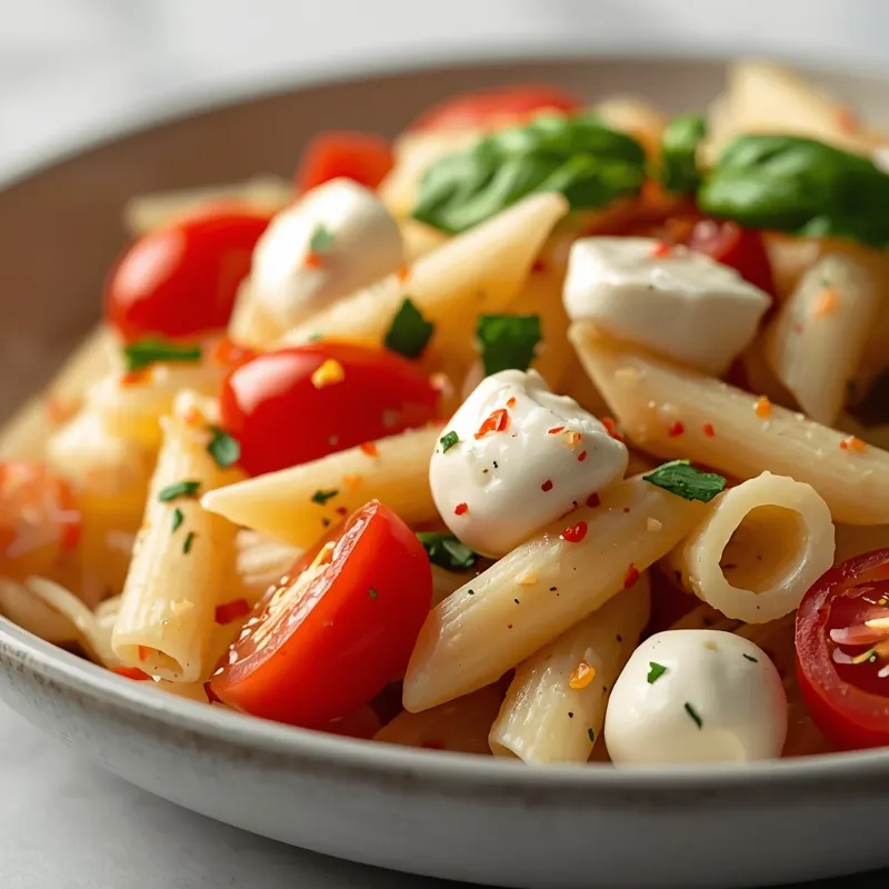 Cold Caprese Pasta Salad with Cherry Tomatoes and Mozzarella Cold Caprese Pasta Salad with Cherry Tomatoes and Mozzarella