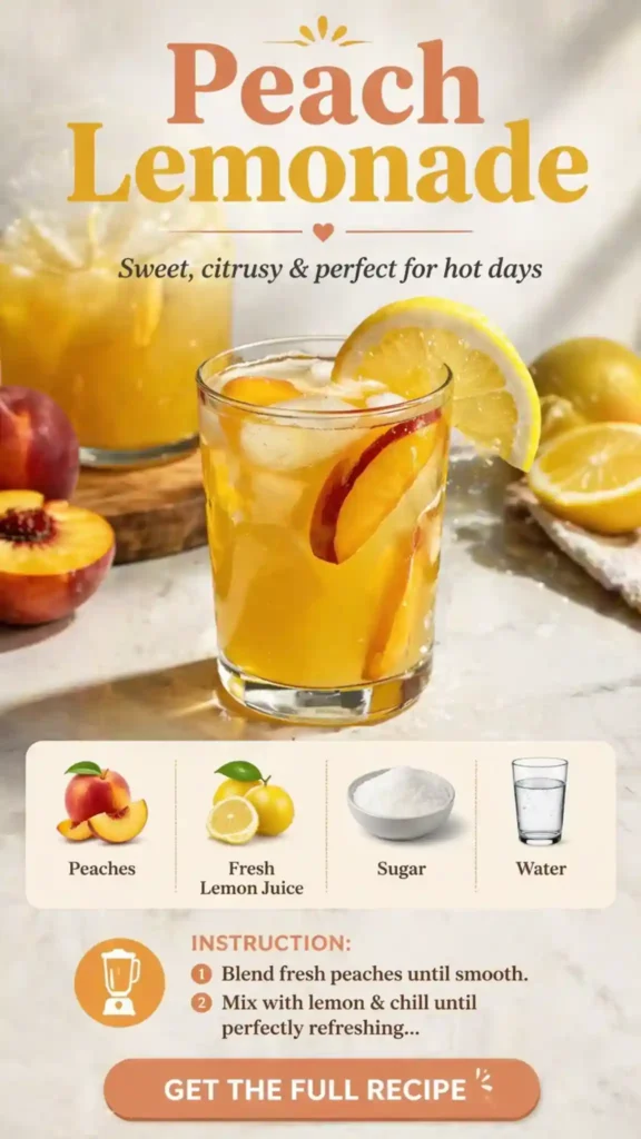 refreshing peach lemonade with ice lemon slices and fresh peach pieces in glass