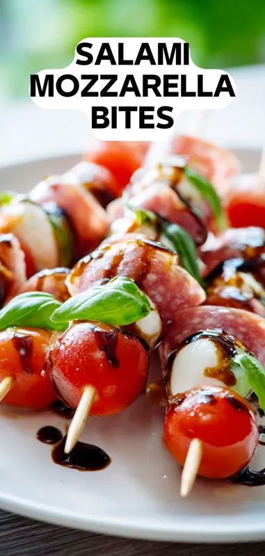 salami mozzarella bites with cherry tomatoes basil and balsamic glaze on skewers
