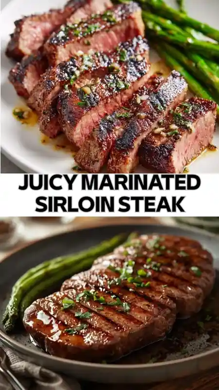 juicy marinated sirloin steak sliced with garlic herbs and asparagus on plate