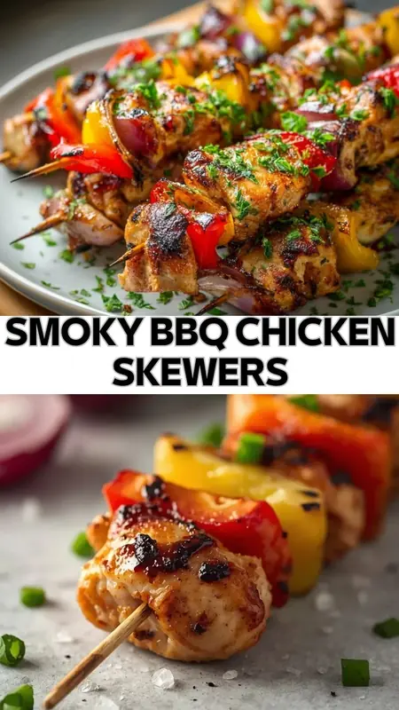 Smoky BBQ Chicken Skewers – Juicy Grilled Chicken Kabobs Recipe smoky bbq chicken skewers with grilled peppers onions and herbs on plate