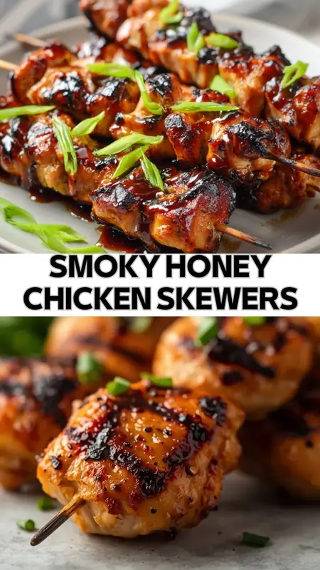 smoky honey chicken skewers with caramelized glaze and green onions on plate